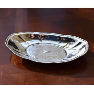 Vintage Silverplate Oval Bread Tray Scalloped Rim Engraved Center